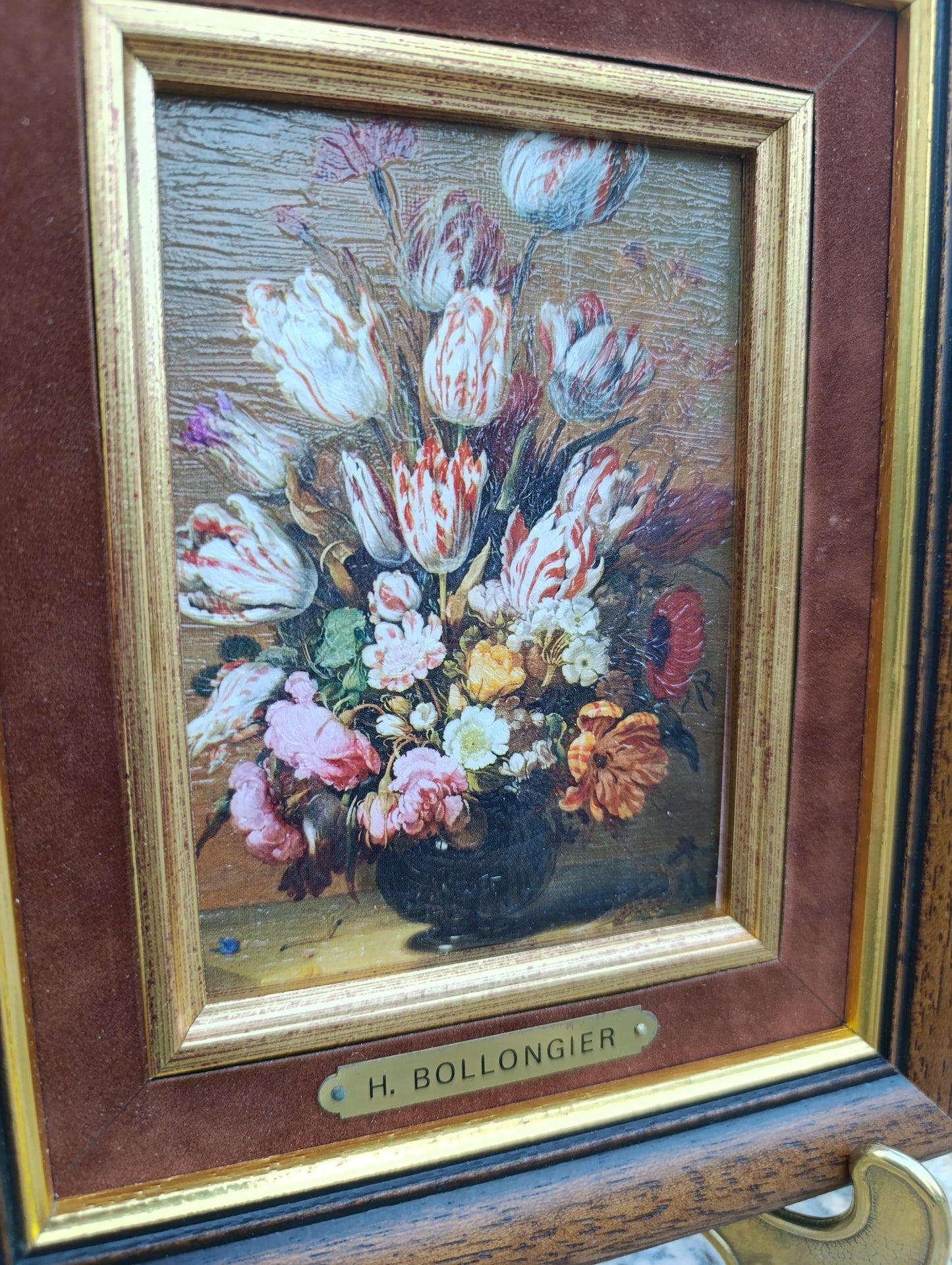 H. Bollongier – Bouquet de tulipes et fleurs – Reproduction nature morte encadrée vintage