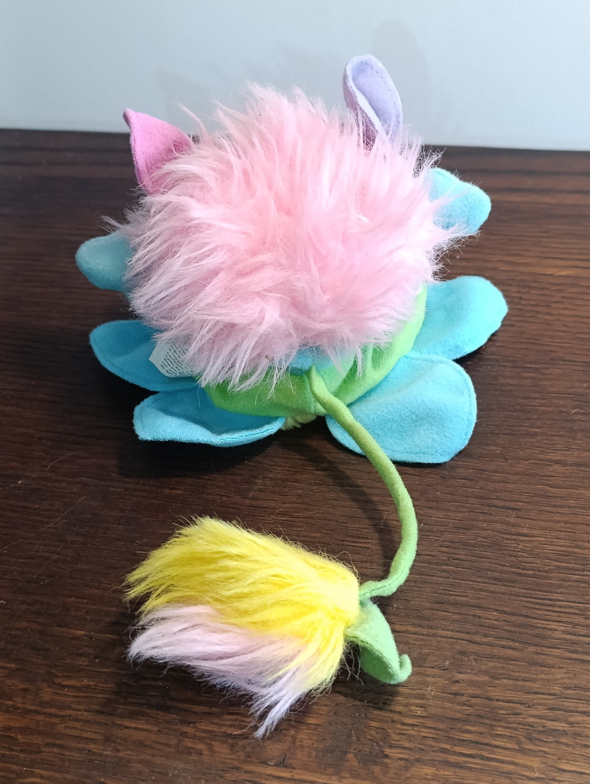 Peluche Popples fleur bleue et verte vintage à cheveux roses