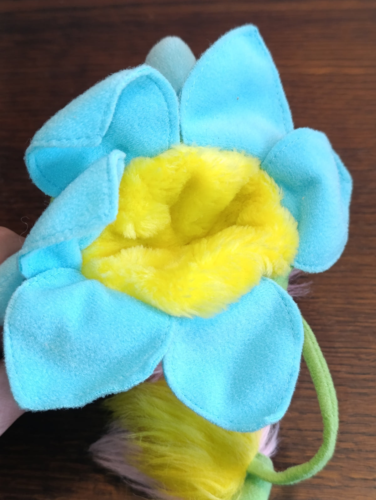 Peluche Popples fleur bleue et verte vintage à cheveux roses