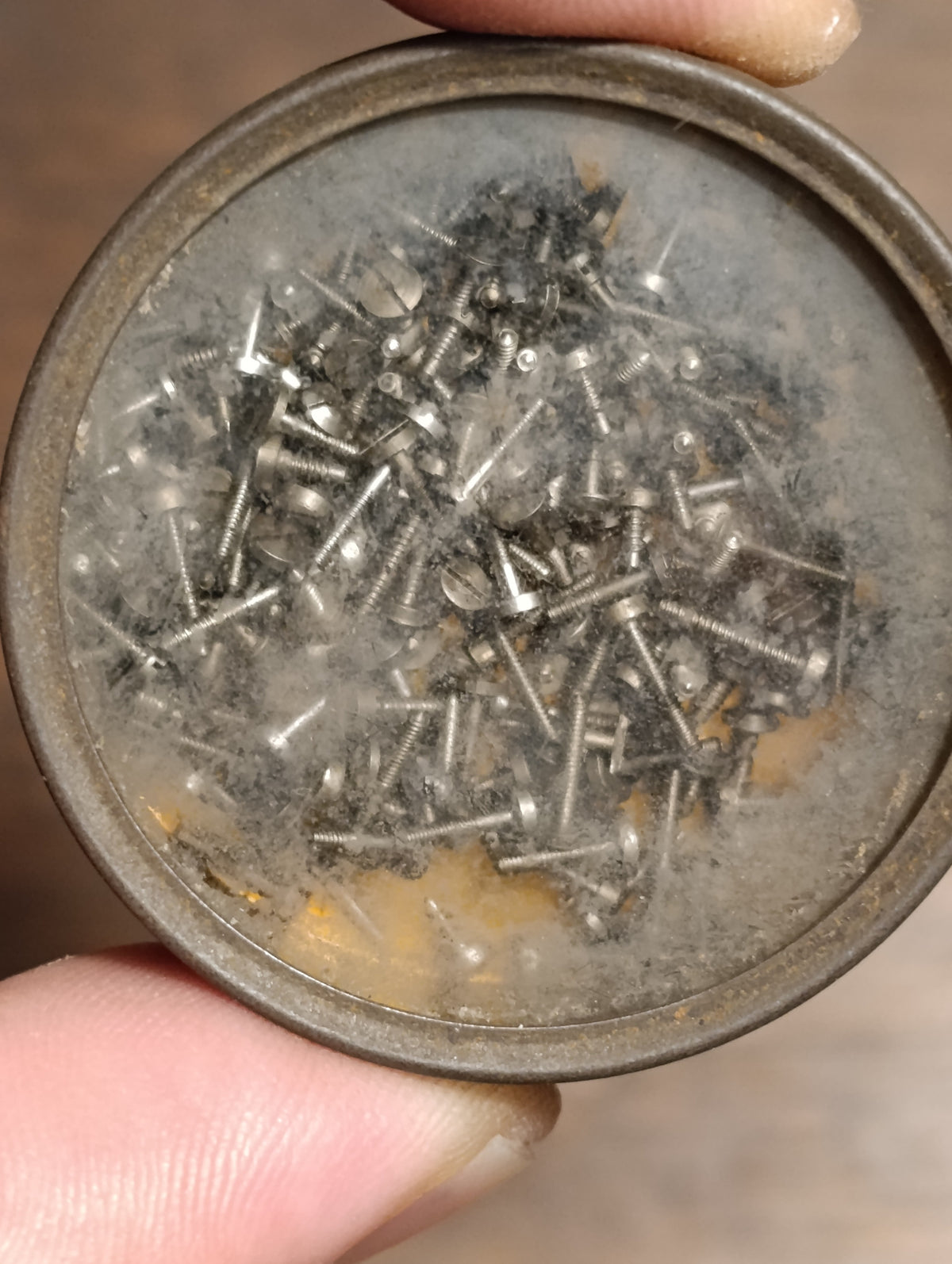 Lot de vis anciennes d’horlogerie à têtes plates – boîte ronde