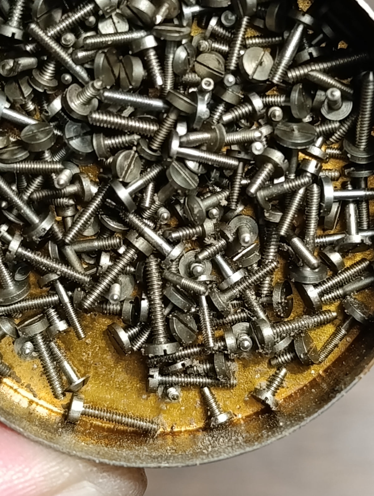 Lot de vis anciennes d’horlogerie à têtes plates – boîte ronde