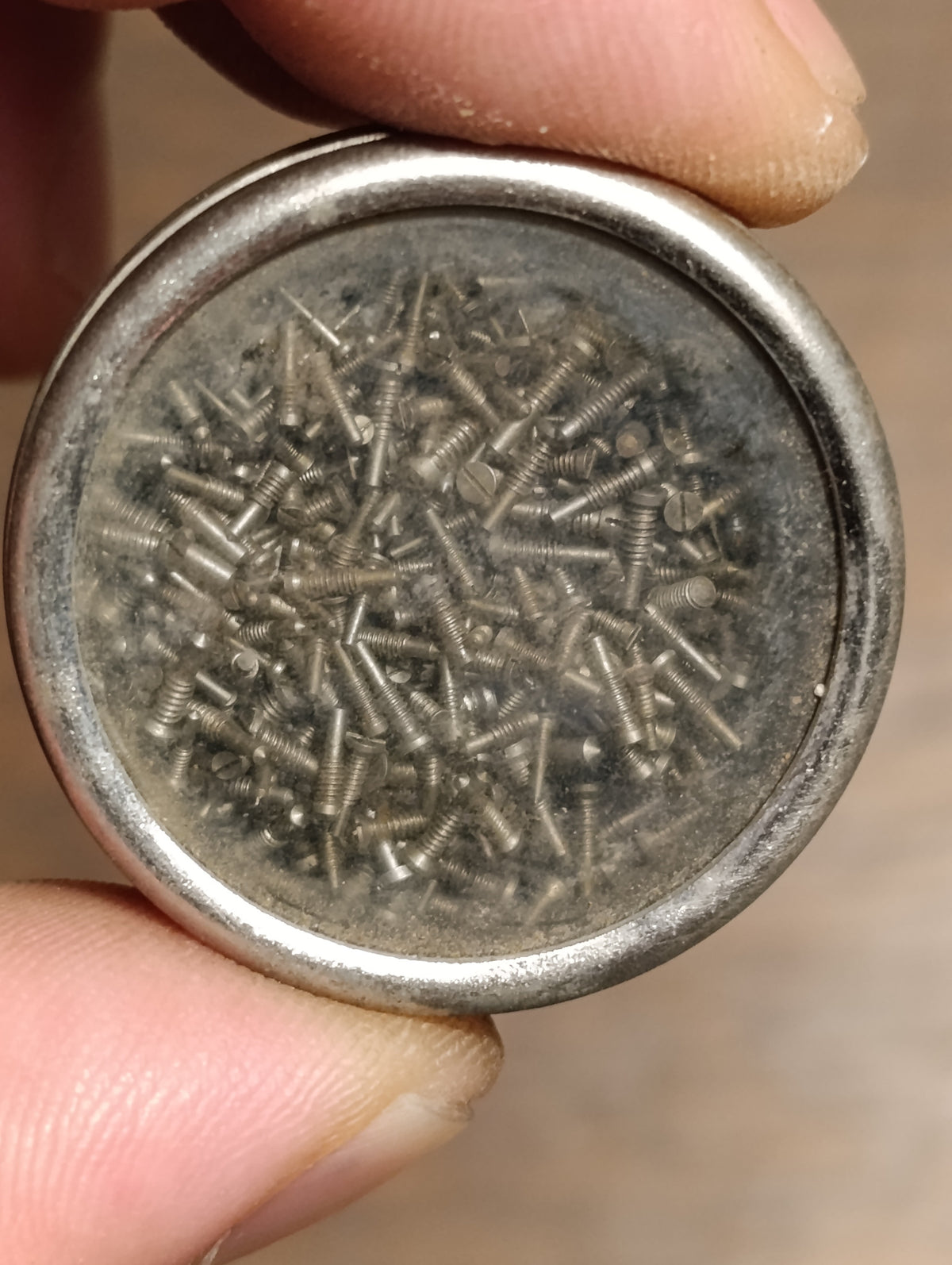 Lot de petites vis d’horlogerie à épaulement – boîte ronde