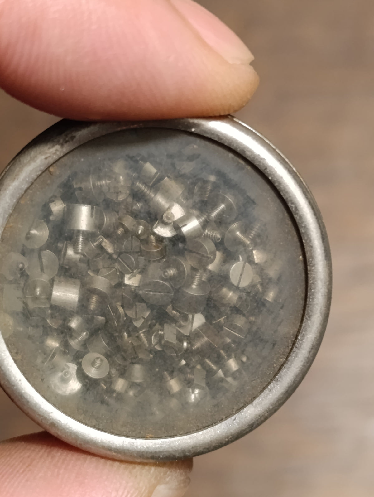 Lot de vis d’horlogerie à têtes épaisses – boîte ronde