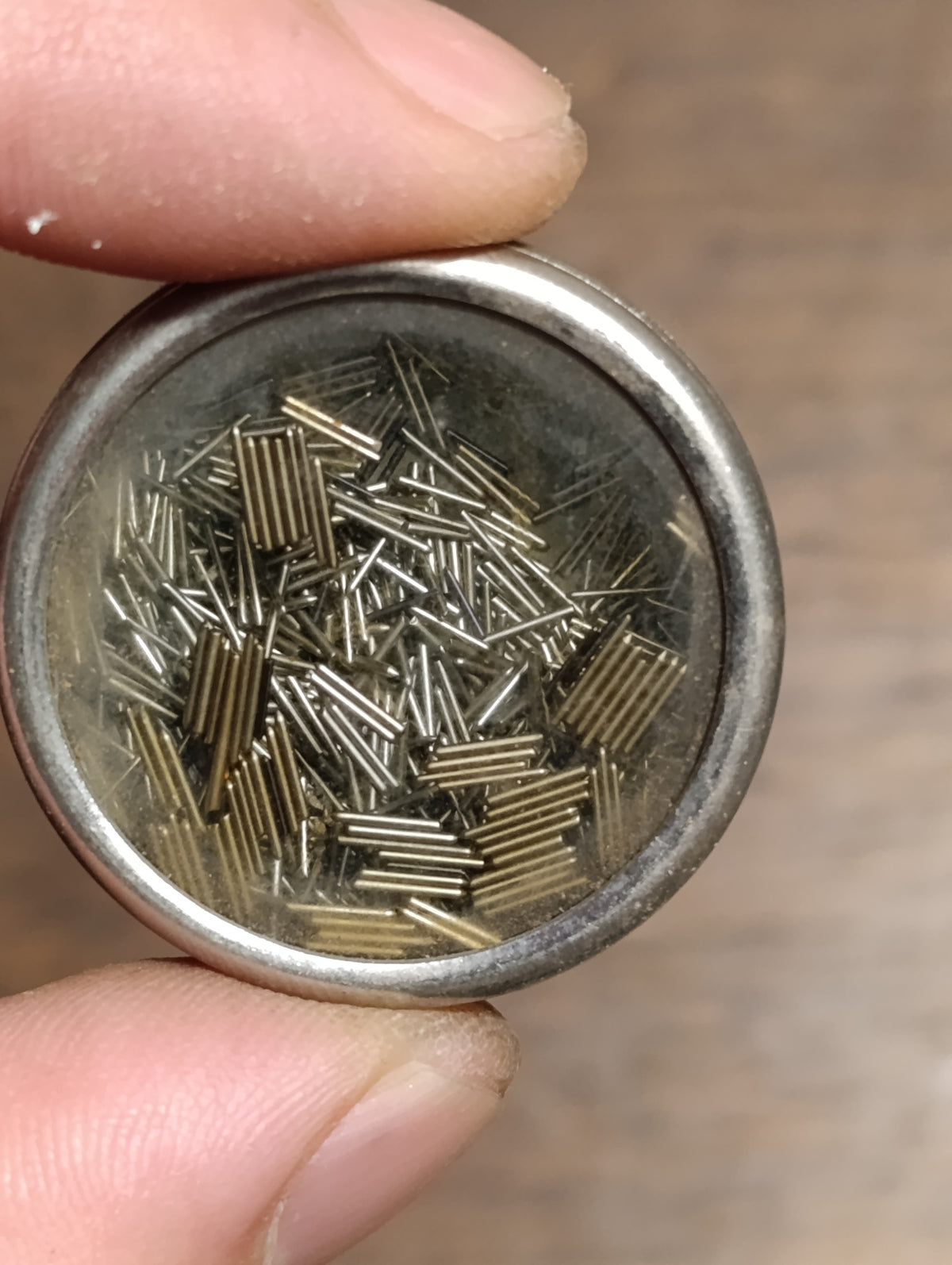 Lot de petites goupilles et tiges d’horlogerie – boîte ronde