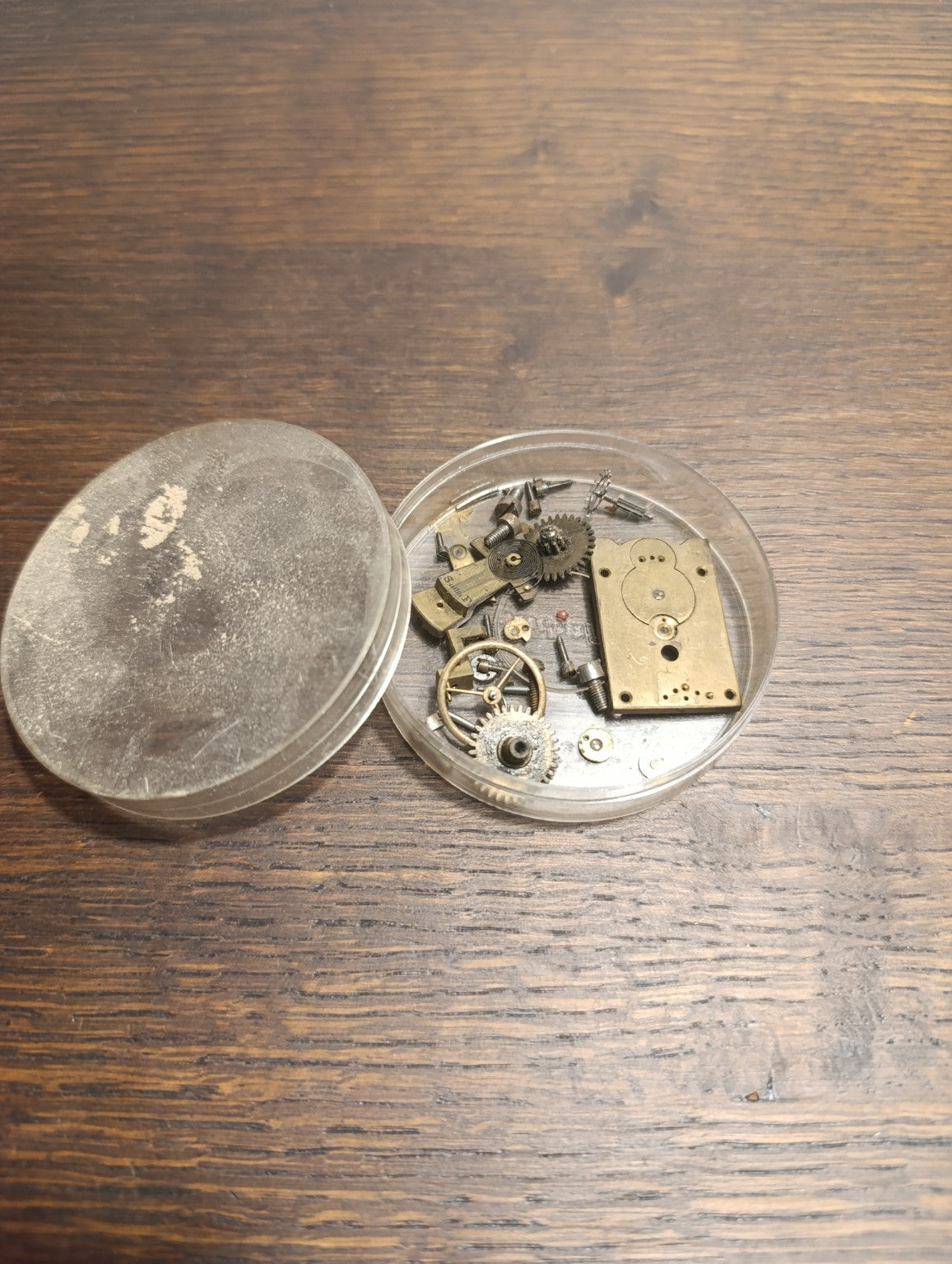 Vue d’ensemble des pièces d’horlogerie démontées dans leur boîte ronde avec couvercle.