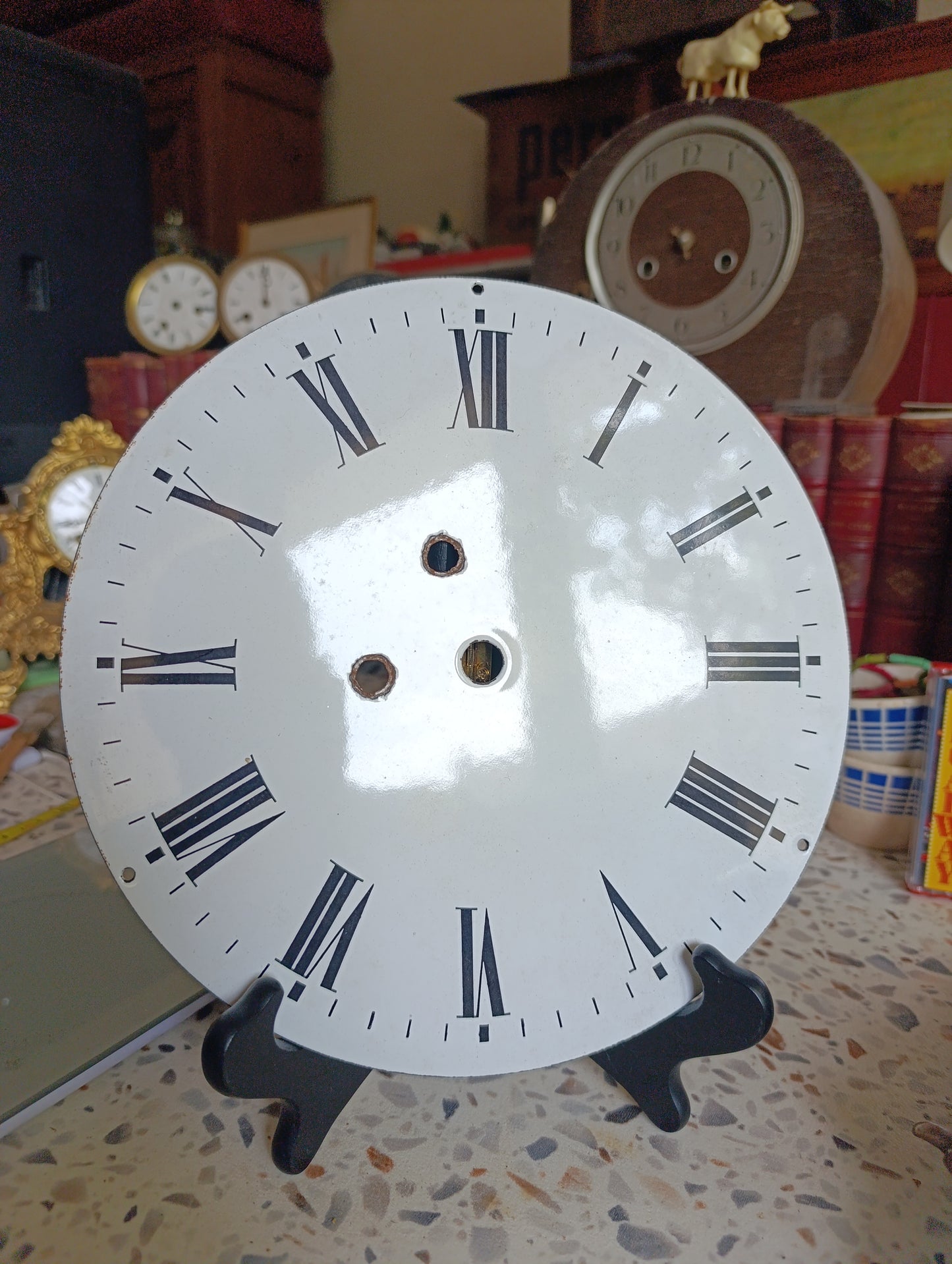 Grand cadran émaillé ancien d’horloge comtoise 24 cm chiffres romains