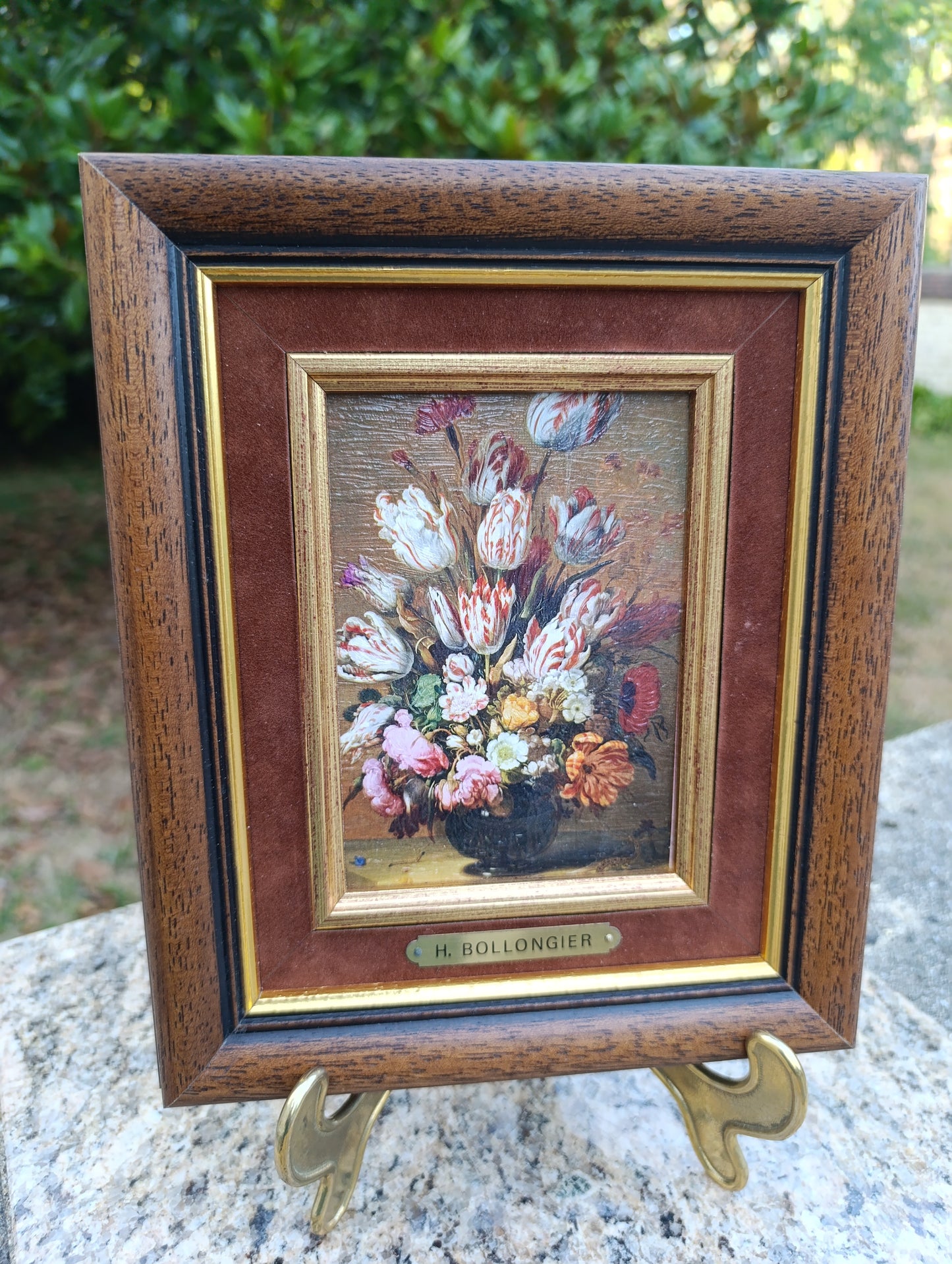 H. Bollongier – Bouquet de tulipes et fleurs – Reproduction nature morte encadrée vintage