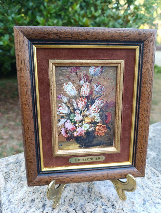 H. Bollongier – Bouquet de tulipes et fleurs – Reproduction nature morte encadrée vintage