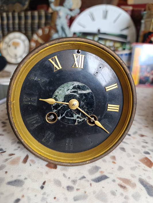 Mouvement d’horloge ancienne Japy Frères avec cadran noir et décor marbré – pièce horlogerie XIXe siècle