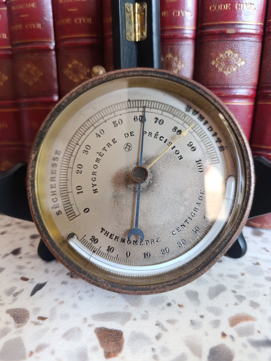 Hygromètre Thermomètre ancien de précision vintage en métal – Instrument météo de collection