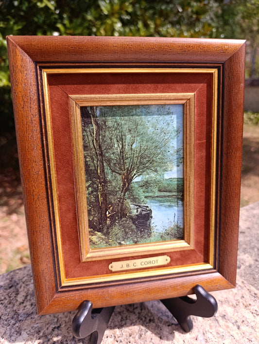 Reproduction J.B.C. Corot – Paysage à la rivière – Petit cadre bois vintage