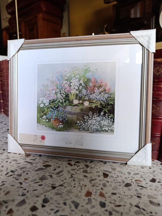 Reproduction Peter Motz Fleurs de jardin au bassin avec nénuphars encadrée – 24 x 30 cm