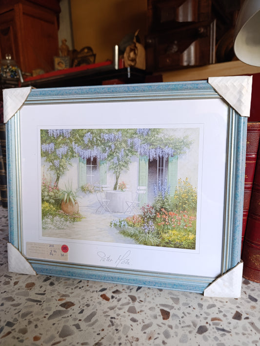 Reproduction Peter Motz Terrasse de jardin sous une glycine encadrée – 24 x 30 cm