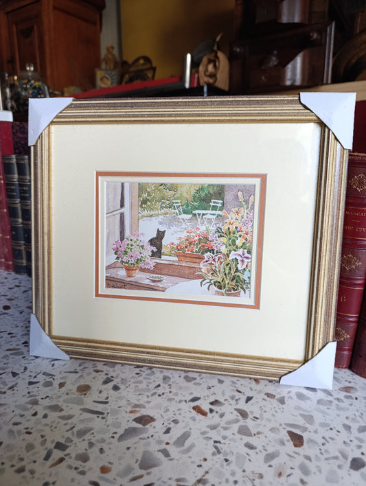 Aquarelle encadrée Chat à la fenêtre sur jardin fleuri – décoration romantique 32,3 x 28,3 cm
