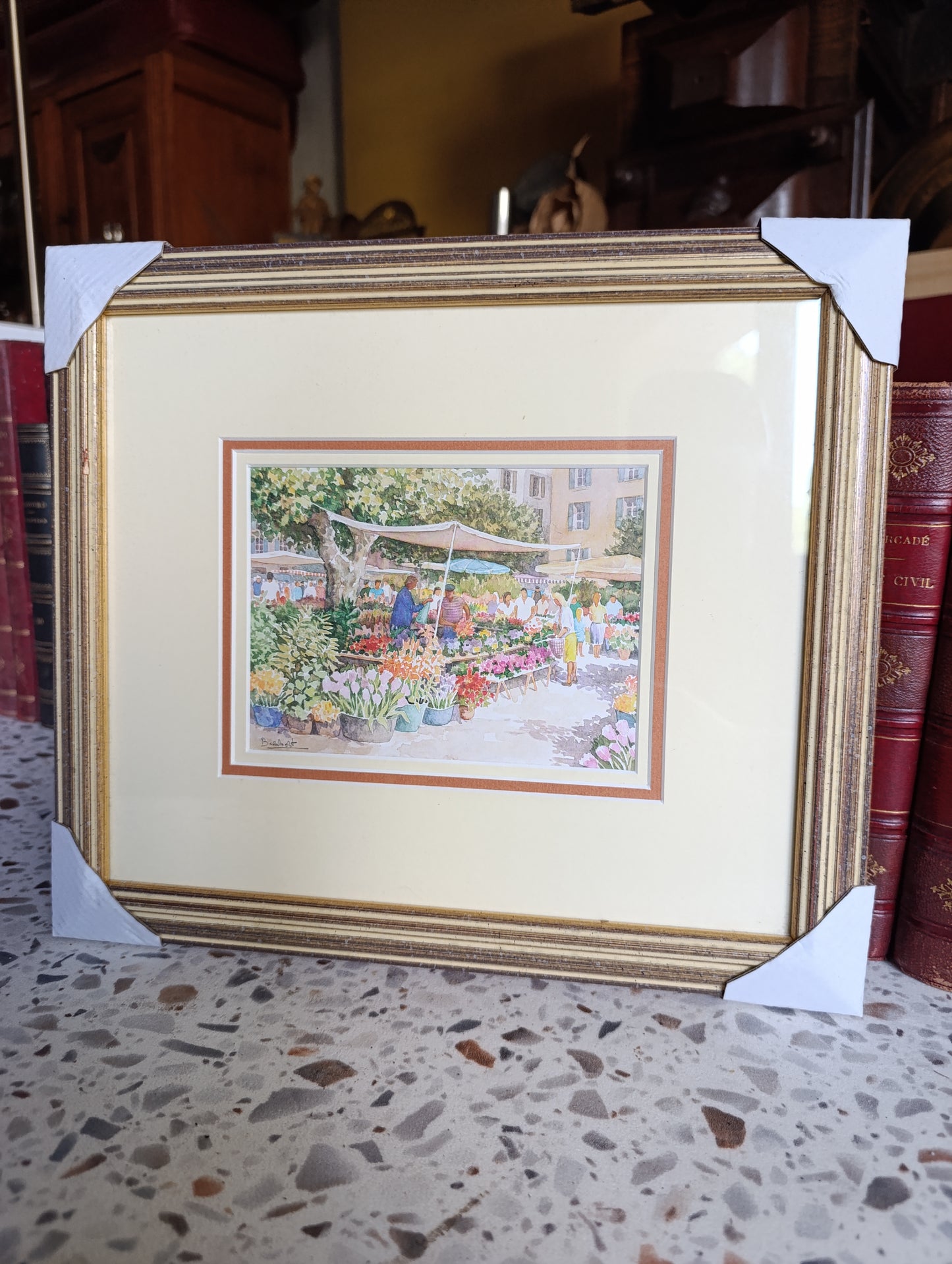 Aquarelle encadrée Marché aux fleurs provençal – scène de village colorée 28 x 32,2 cm