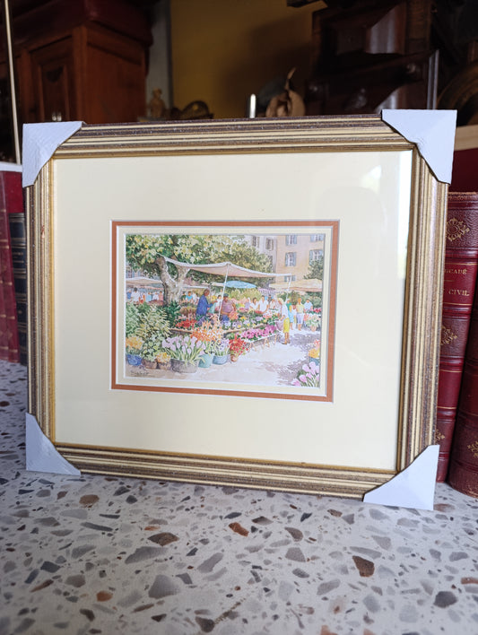 Aquarelle encadrée Marché aux fleurs provençal – scène de village colorée 28 x 32,2 cm
