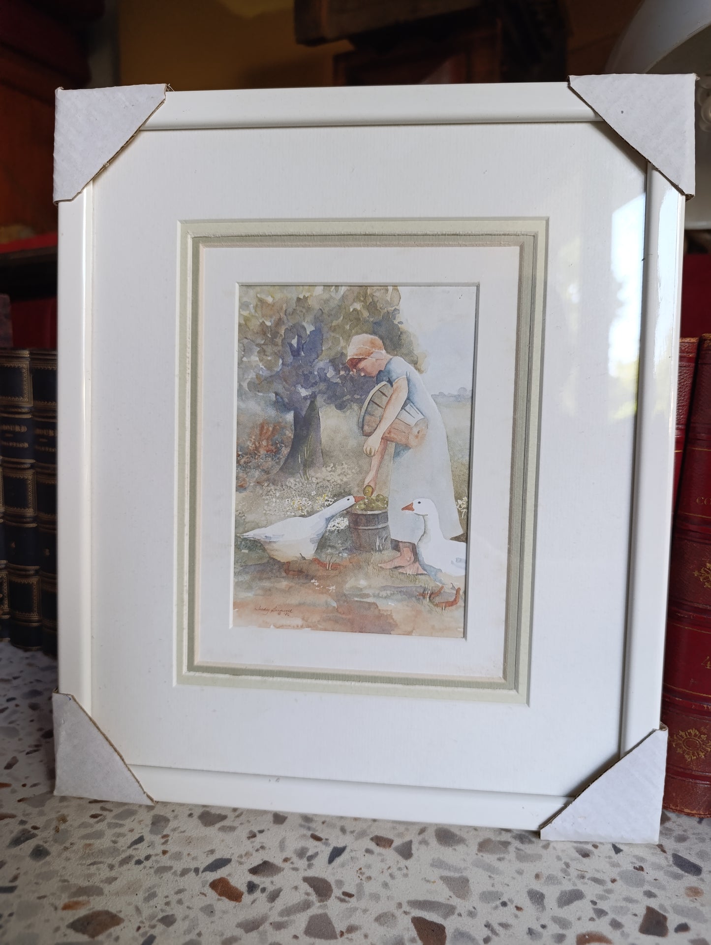 Tableau encadré enfant nourrissant des oies – aquarelle décorative 33,2 x 28,2 cm