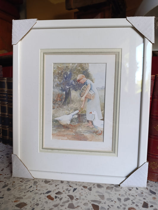 Tableau encadré enfant nourrissant des oies – aquarelle décorative 33,2 x 28,2 cm