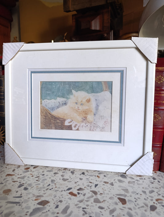Tableau encadré chaton – reproduction d’aquarelle Lucy Dawson 1990 – 33 x 28 cm