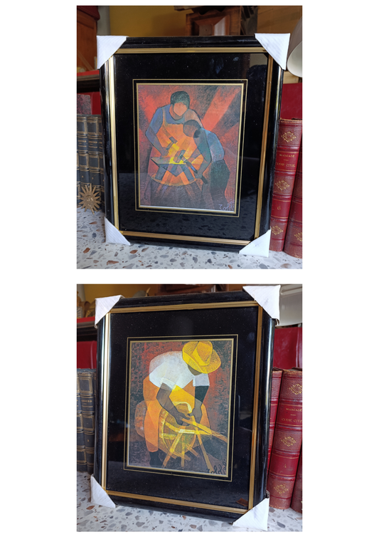 Lot de 2 tableaux encadrés – Reproductions style art naïf – Artisans au travail – 34 x 28 cm