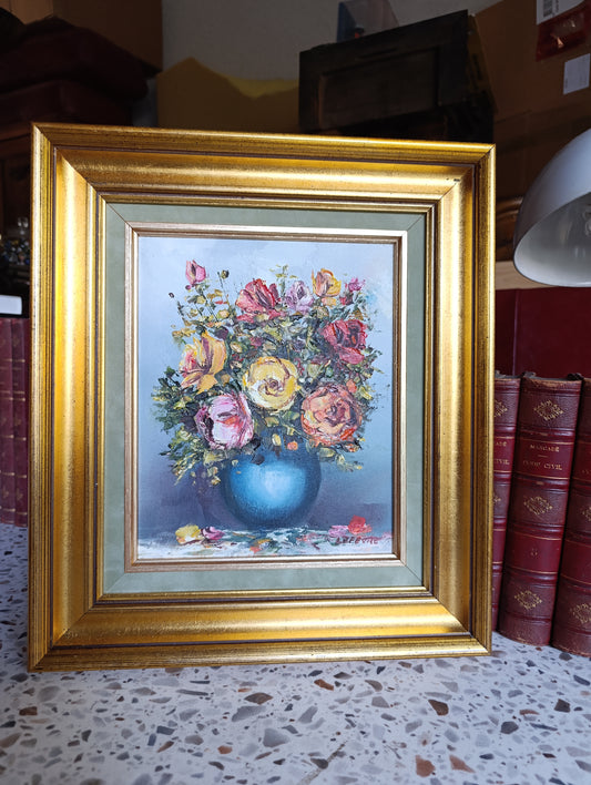 Tableau original signé Lefèvre – Nature morte au bouquet de fleurs – Huile sur toile encadrée avec certificat d'authenticité