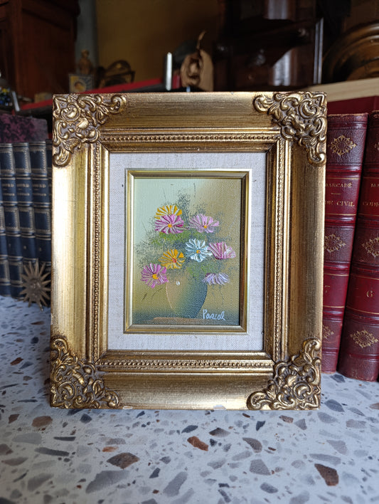 Petit tableau original signé Pascal – Bouquet de fleurs – Huile sur panneau encadrée vintage