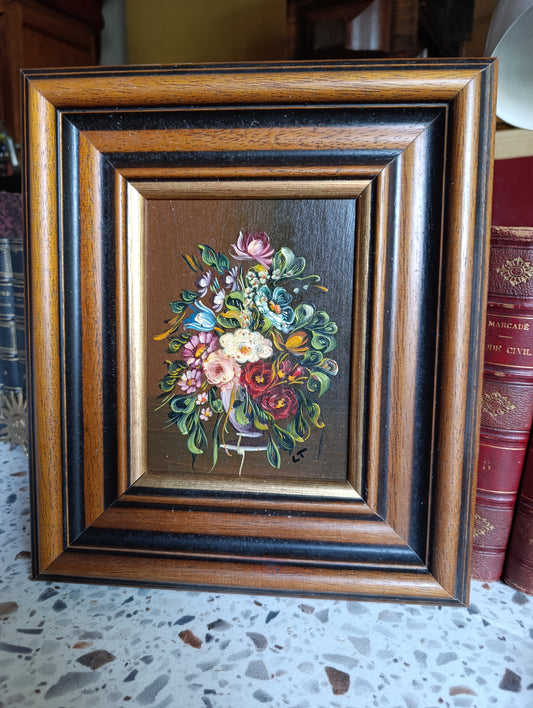 Tableau bouquet de fleurs – Huile sur panneau encadrée – Nature morte signée