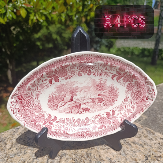 Lot de 4 plats ovales anciens Burgeland Bavaria – décor rouge romantique – porcelaine allemande vintage